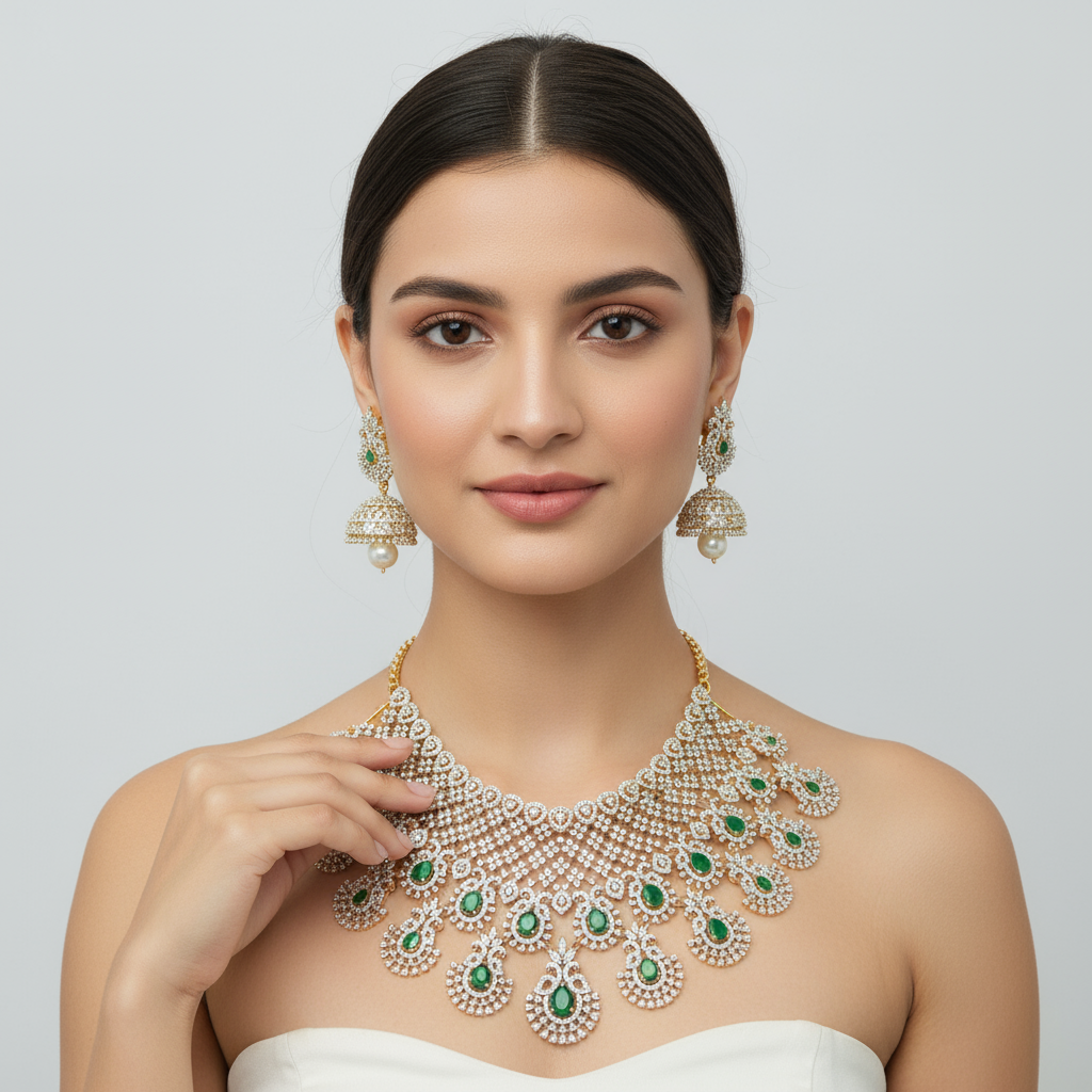 Fantasy Emerald American Diamond Choker Set - Royal Ovals Gold Plated