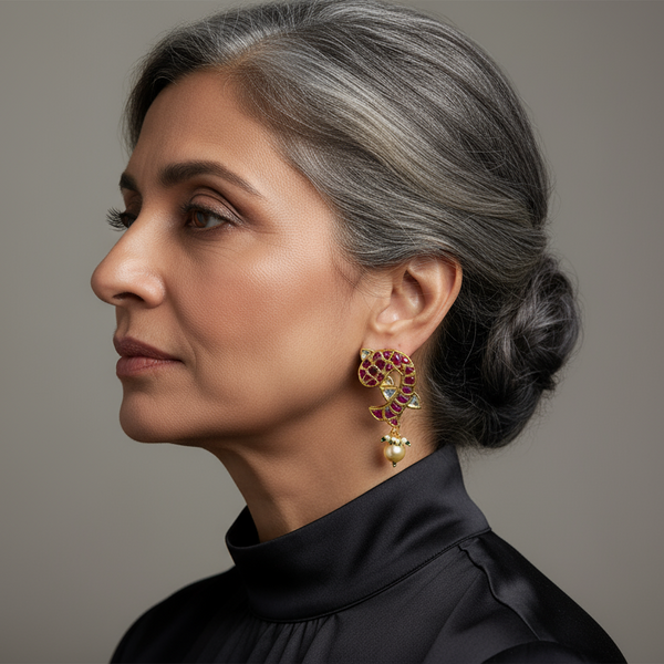 Fish Shaped Kempu Studs with Pearls - Unique Traditional Earrings