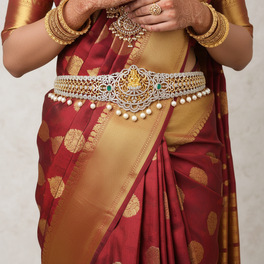 Goddess Lakshmi American Diamond Vaddanam - Floral Pearl 24K Gold Belt
