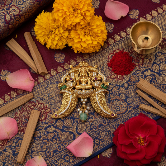 Goddess Lakshmi Temple Pendant with Aquamarine Drop