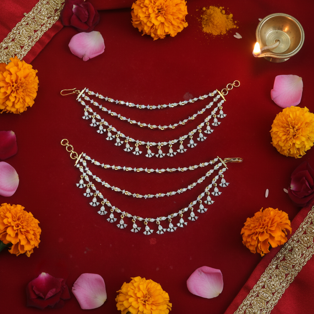 Gold-Rhodium Diamond Ear Chains - Traditional Champaswaralu