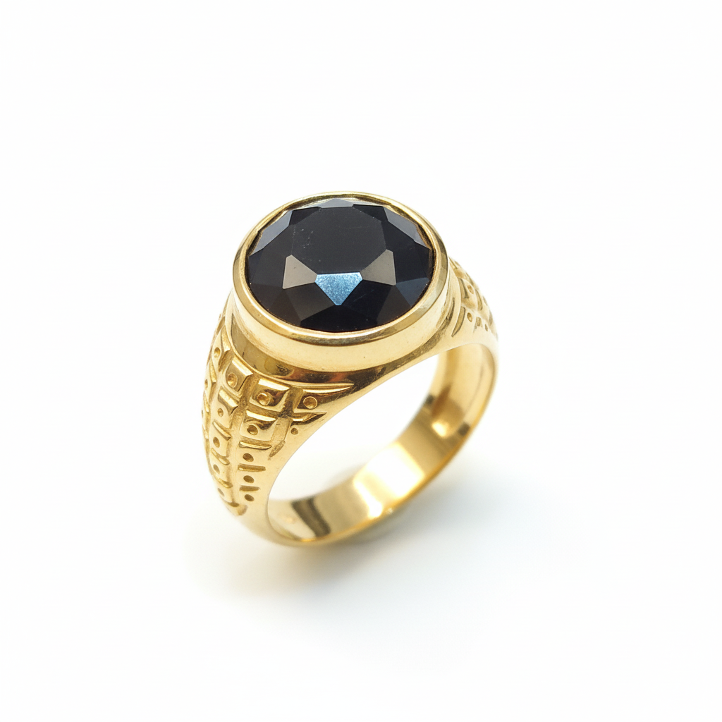Gold Black Stone Ring | Ornate Carved Band