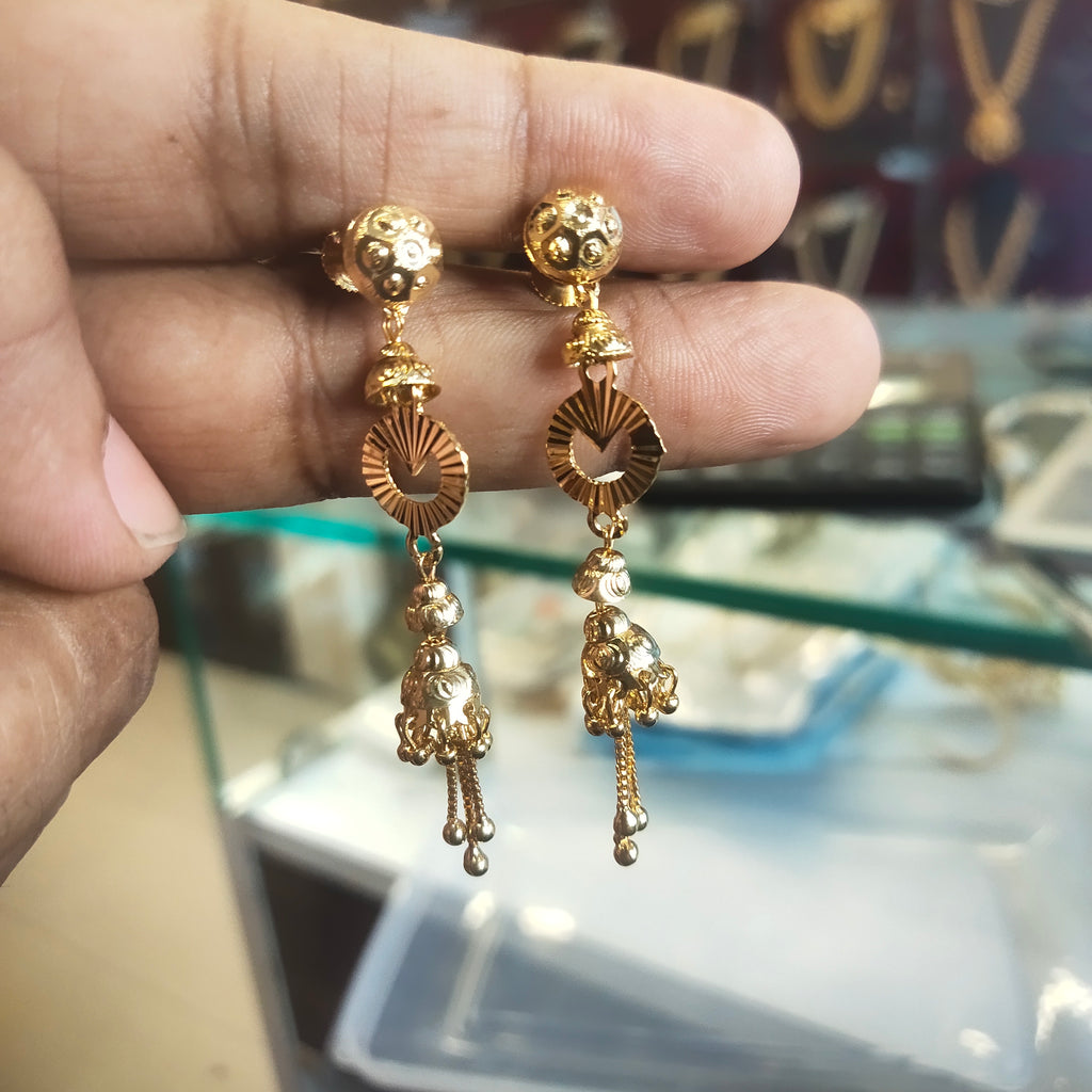 Gold Drop Jhumki Earrings with Tassel & Sun Disc