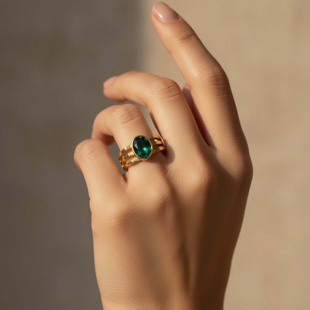 Gold Emerald Stone Triple Band Ring for Men