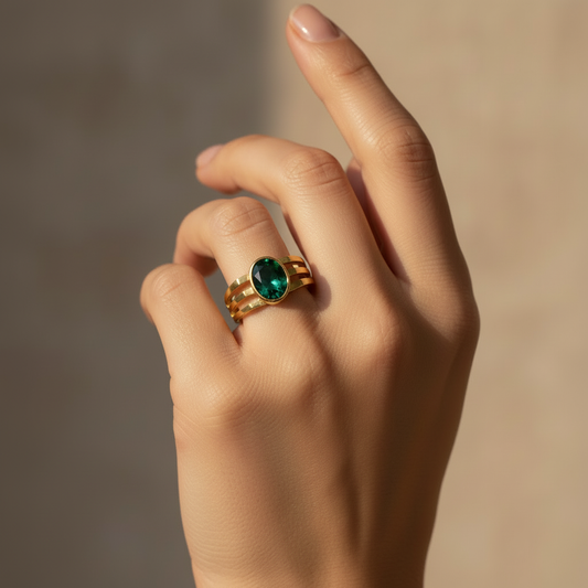 Gold Emerald Stone Triple Band Ring for Men