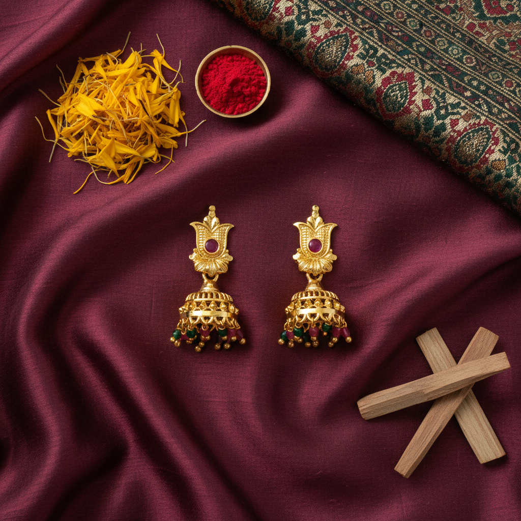 Gold Filigree Bell Jhumka | Madrasi Screw Back