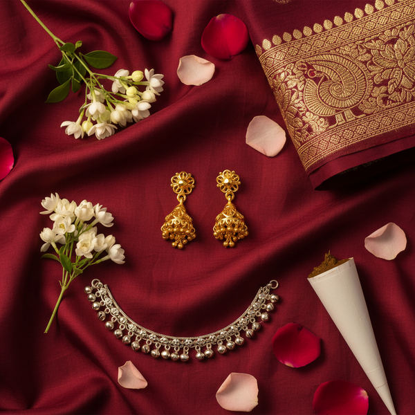 Gold Filigree Triangular Jhumka | Madrasi Screw Back