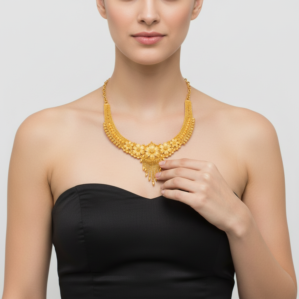 Gold Forming Necklace Set - Floral Tassel Design with Matching Earrings