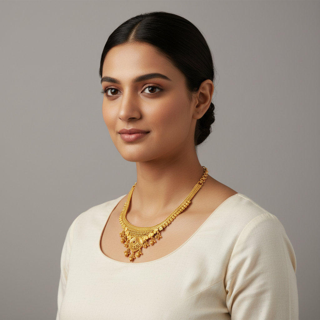 Gold Forming Necklace Set - Temple Jewelry with Ruby Accents and Matching Jhumka Earrings