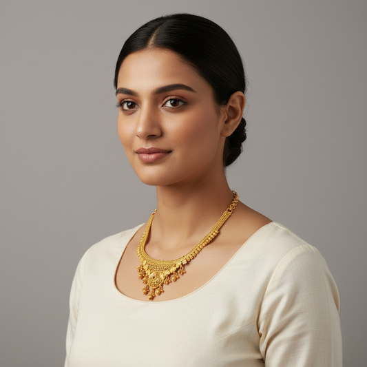 Gold Forming Necklace Set - Temple Jewelry with Ruby Accents and Matching Jhumka Earrings