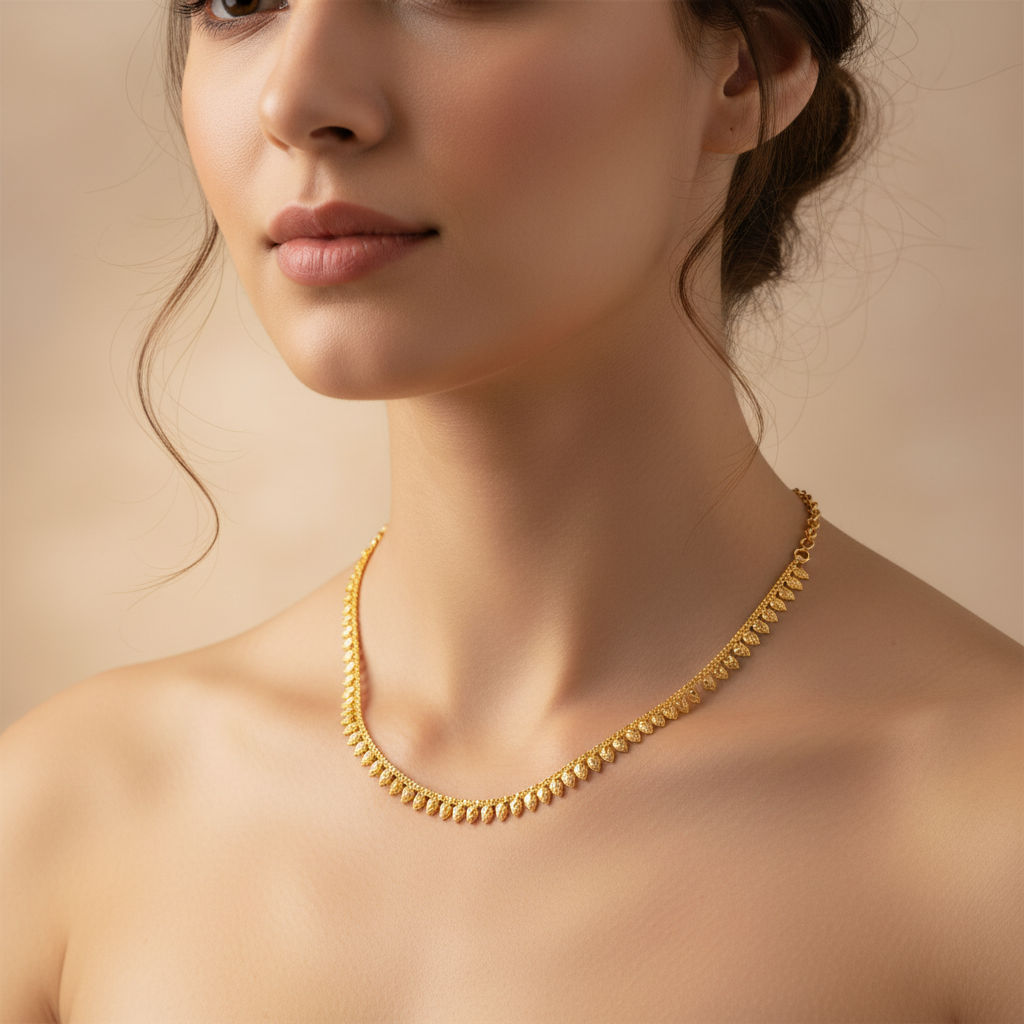 Gold Forming Necklace Set - Triangular Leaf Pattern with Matching Earrings