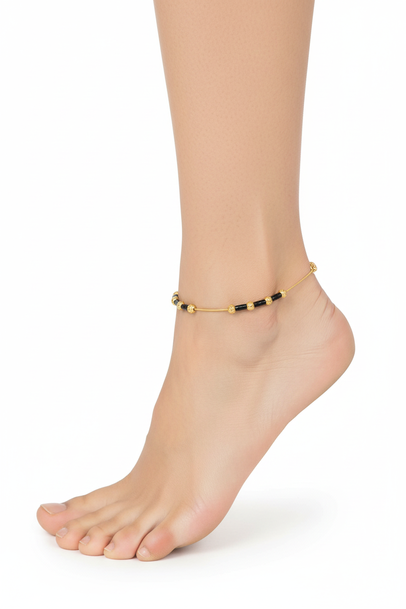 Gold Plated 925 Silver Anklets with Black Beads