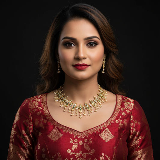 Gold Polki Necklace Set with Pearl Drops & Earrings