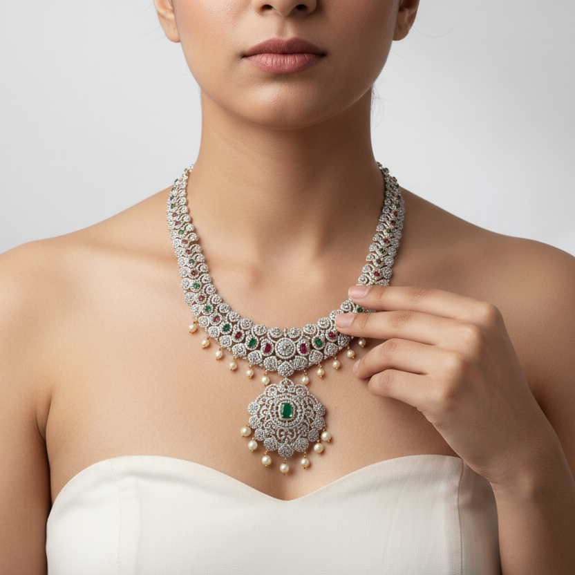 Grand American Diamond Long Haram - Majestic Bridal Statement Necklace