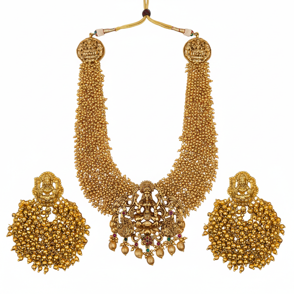 Grand Long Laxmi Haram Set with Earrings – 24K Gold Plated Temple Jewellery