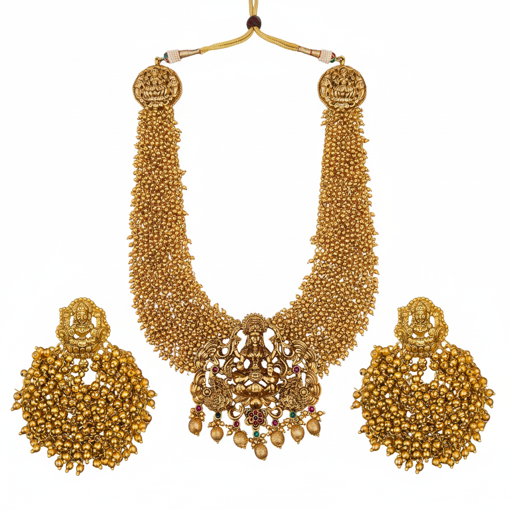 Grand Long Laxmi Haram Set with Earrings – 24K Gold Plated Temple Jewellery
