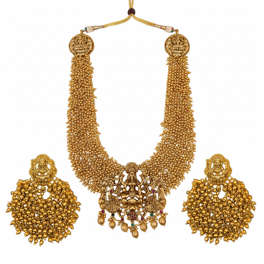 Grand Long Laxmi Haram Set with Earrings – 24K Gold Plated Temple Jewellery