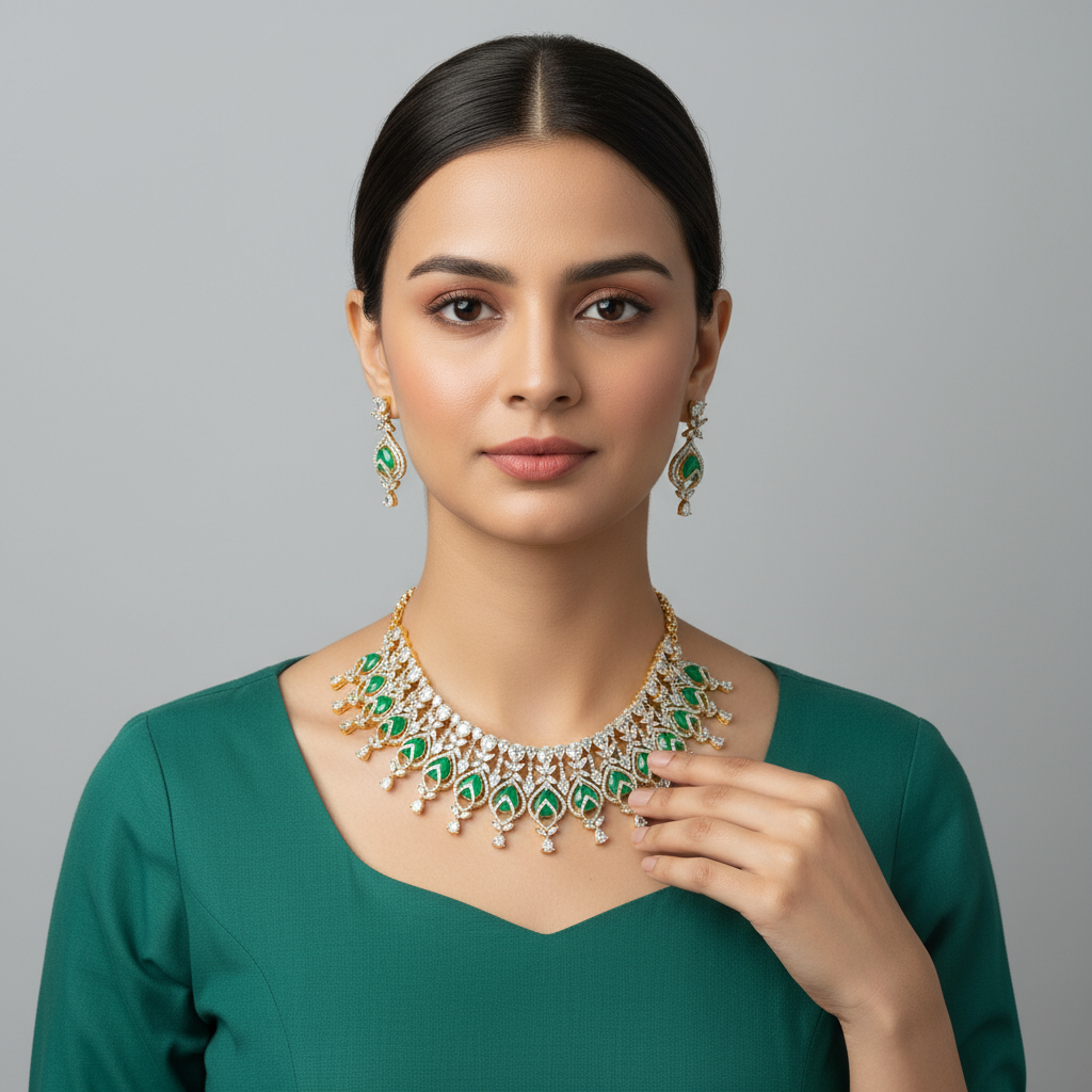 Grand Two Tone American Diamond Choker Set - Ruby Emerald Bridal Jewelry