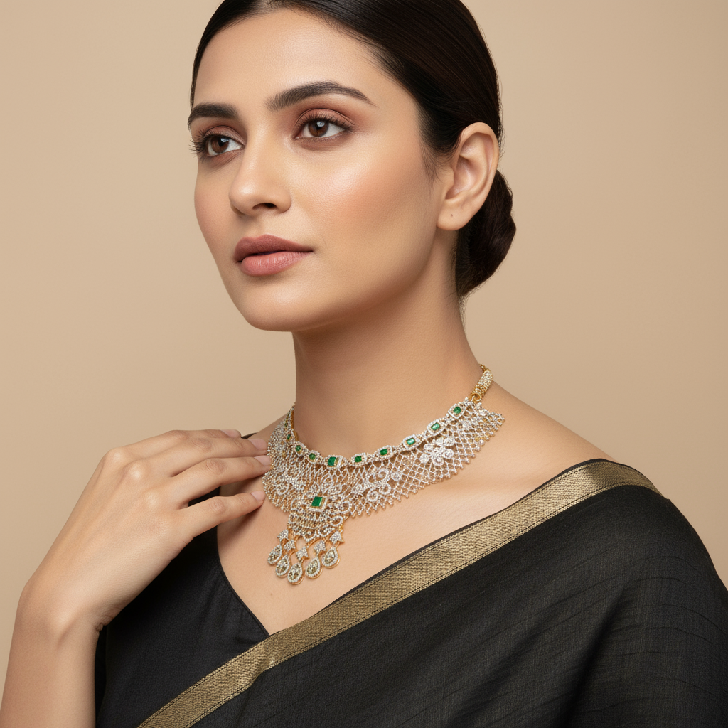 Grand Two Tone Diamond Choker Set - Ruby Emerald Bridal Jewelry 24K Gold