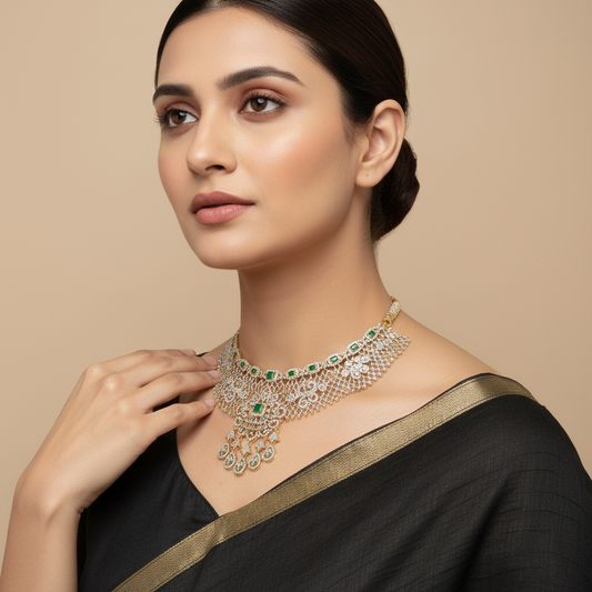 Grand Two Tone Diamond Choker Set - Ruby Emerald Bridal Jewelry 24K Gold