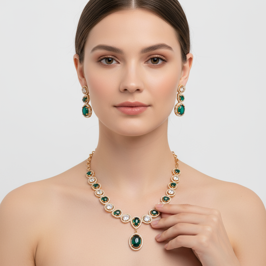 Green American Diamond Necklace Set - Rose Gold Emerald Style Wedding Jewelry