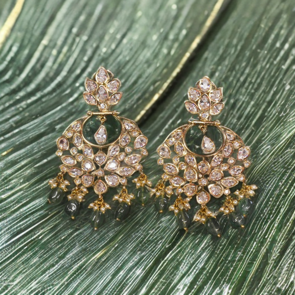 Green Beaded 24K Gold Plated Screw Back Zircon Chandbali-1