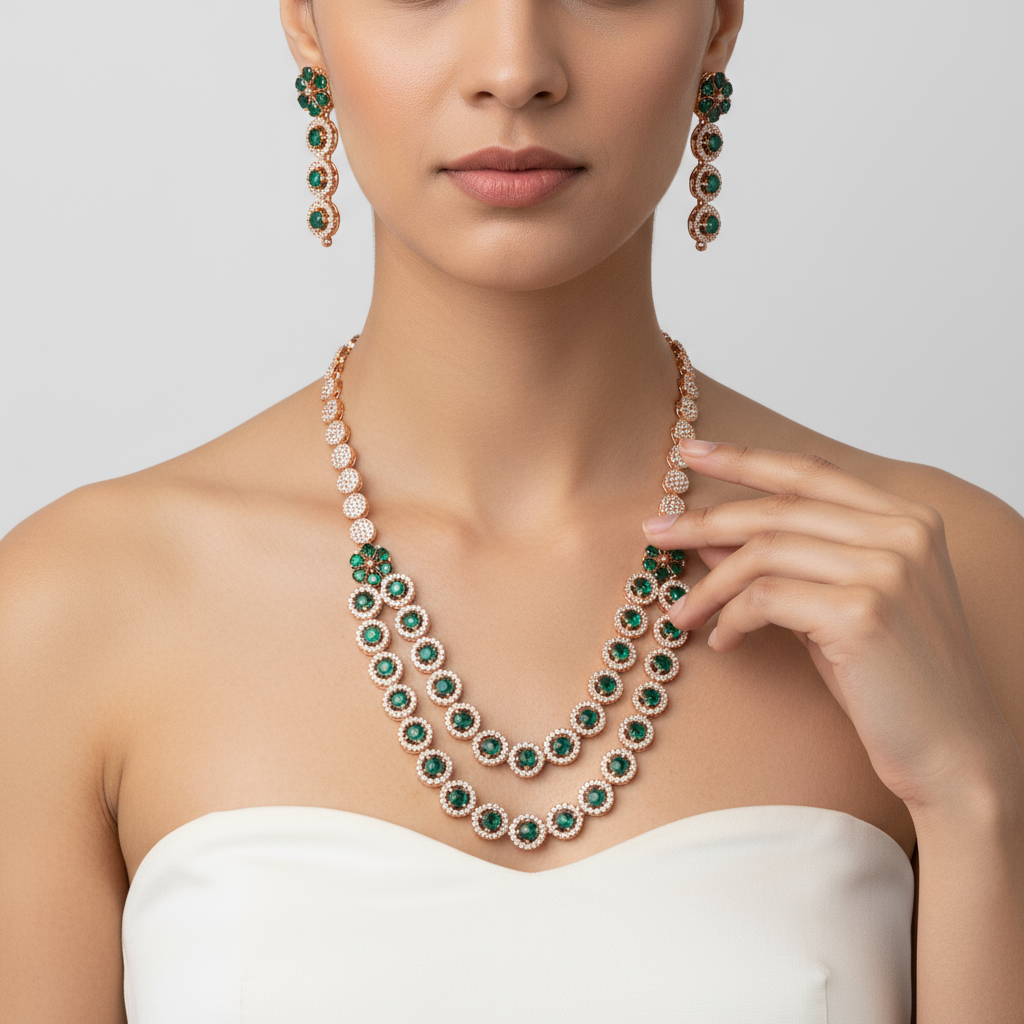 Green Double Layer American Diamond Necklace Set - Rose Gold Layered Jewelry