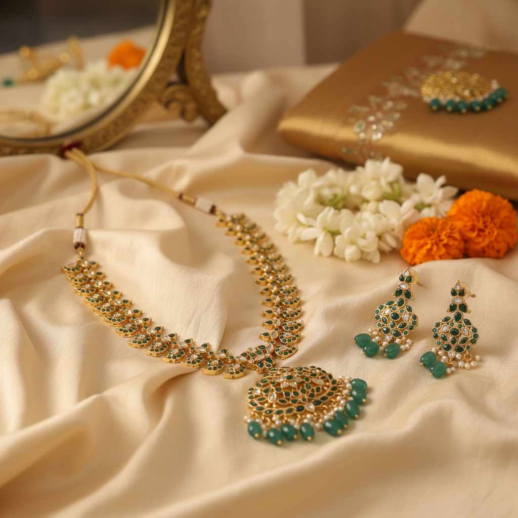 Green Kundan Mango Necklace Set with Earrings - Temple Jewelry