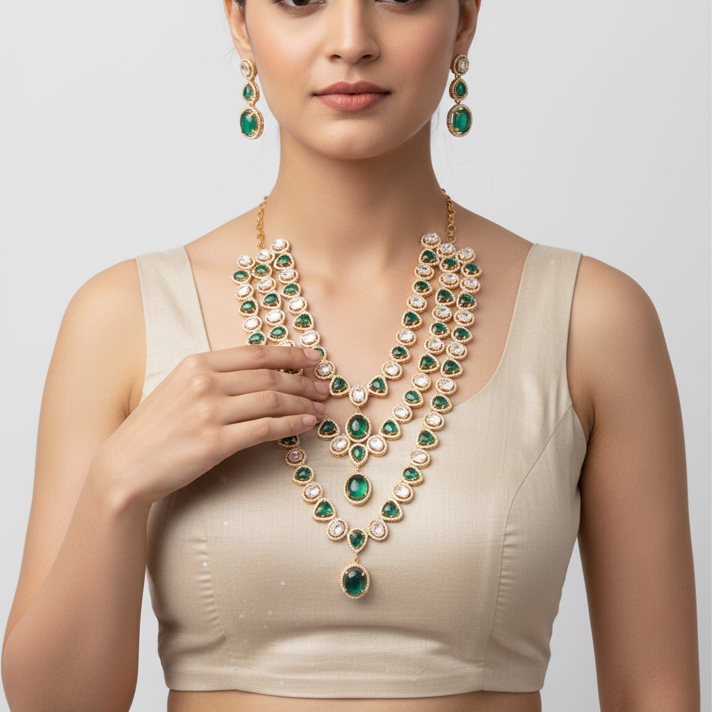 Green Rose Gold American Diamond Layered Necklace - 24 Inch Wedding Jewelry