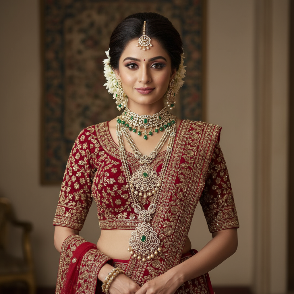 Green Zircon Long & Short Necklace Combo with Earrings Set - Rhodium Gold Plated