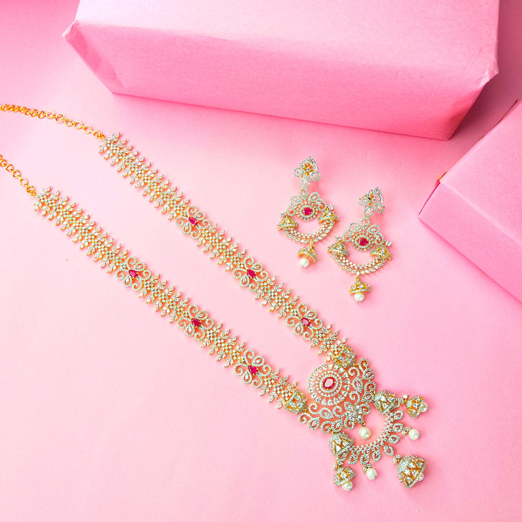 American Diamond Long Necklace Set - 24K Gold Elegant Wedding Jewellery