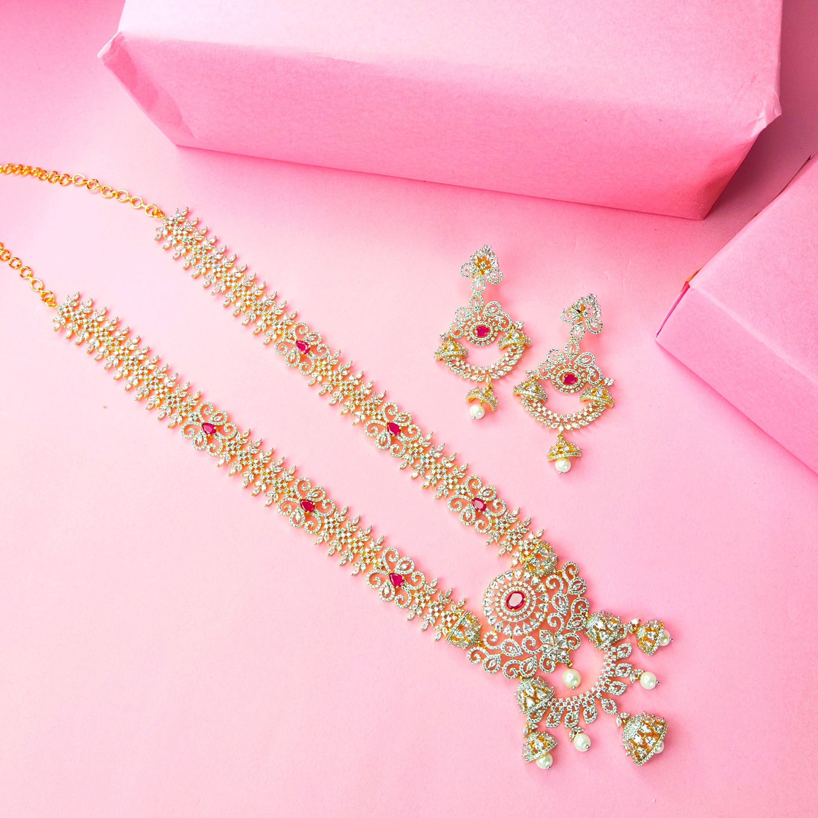 American Diamond Long Necklace Set - 24K Gold Elegant Wedding Jewellery