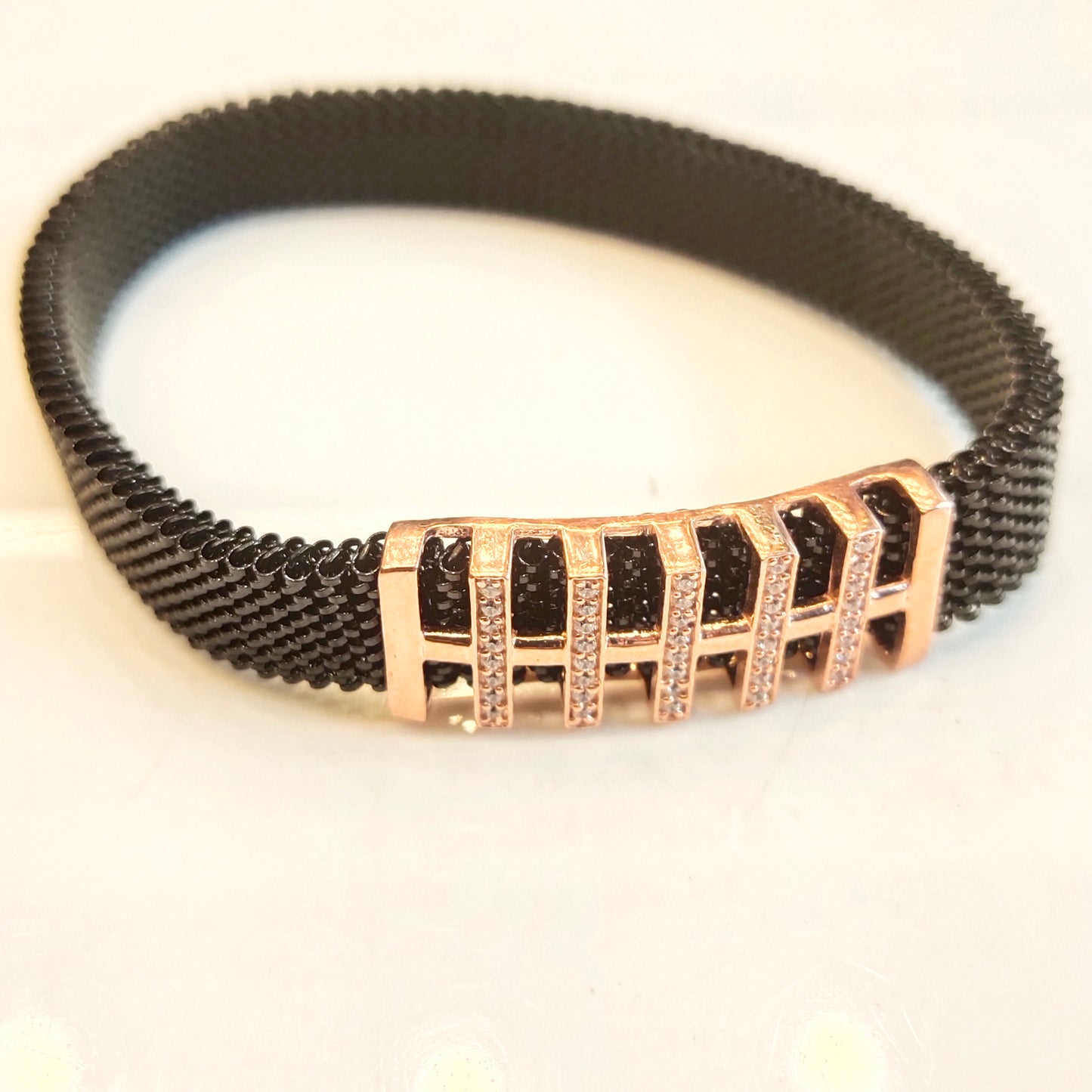 Asp 925 Rose Gold Abstract Bold Black Strap Bracelet