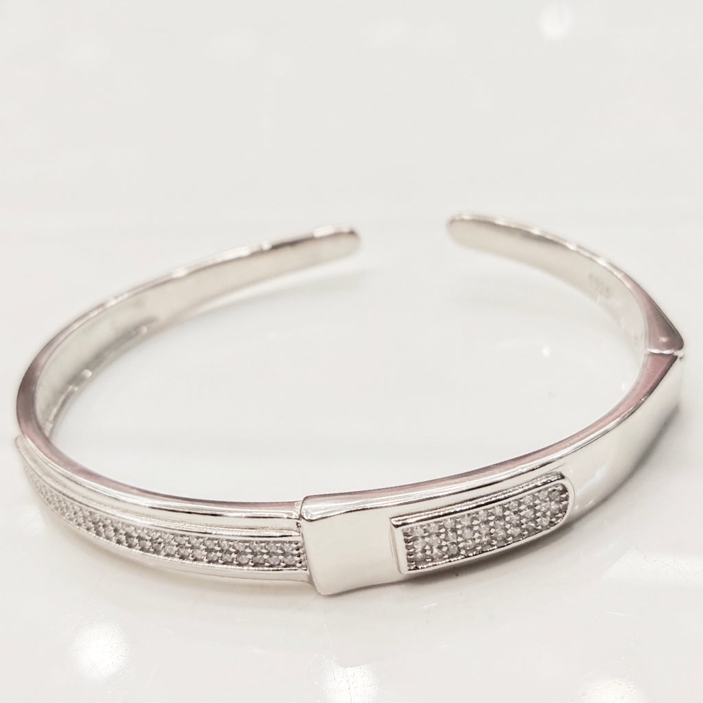 925 Sterling Silver CZ Kada for Men - Cubic Zirconia Diamond-Look Bracelet