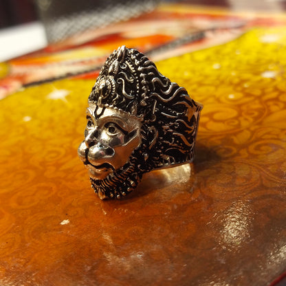 "Bringing Divine Strength: The Majestic Asp Silver Oxidized Sterling Silver Lord Hanuman Ji Ring"