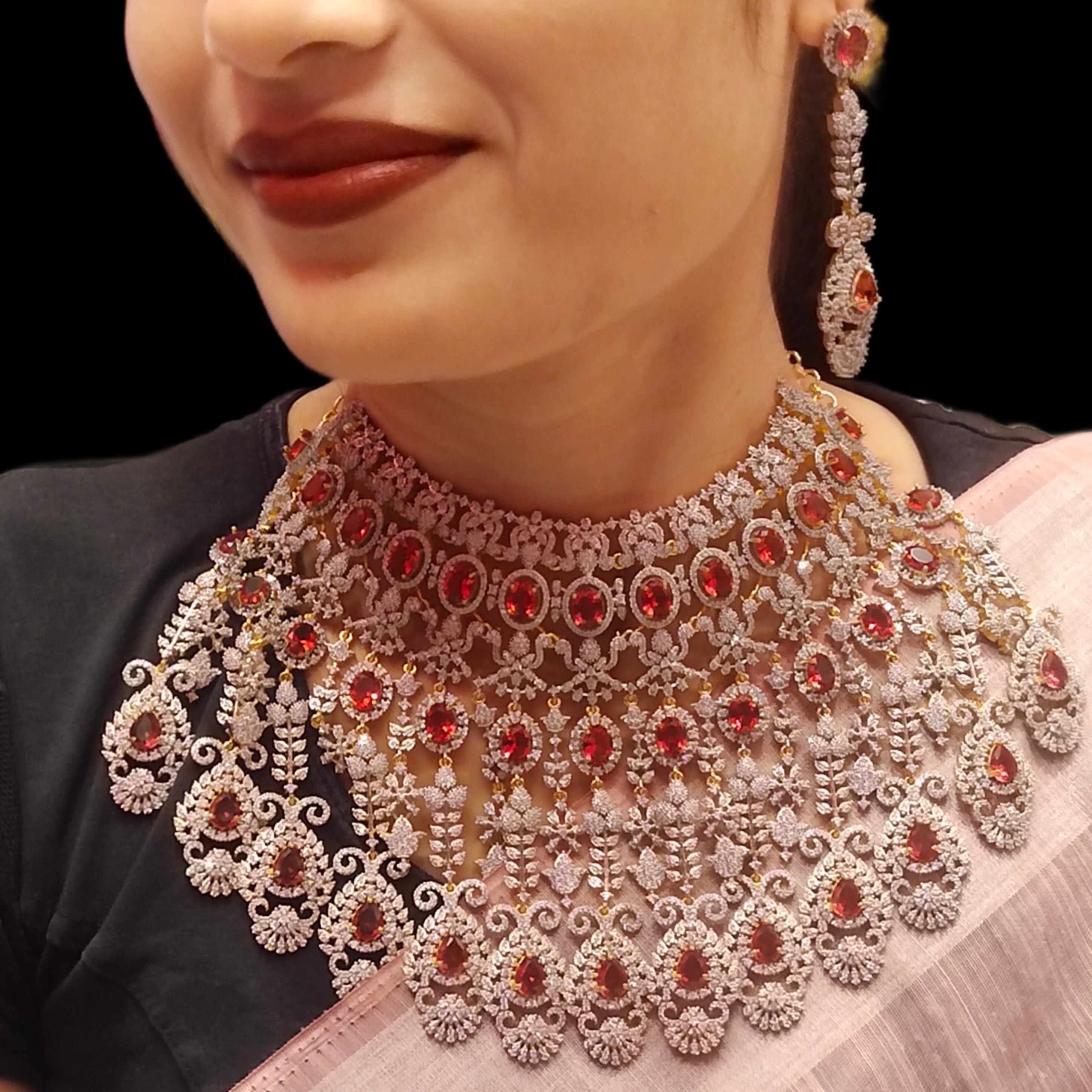 Ruby American Diamond Bridal Choker Set with Maang Tikka - 24K Gold