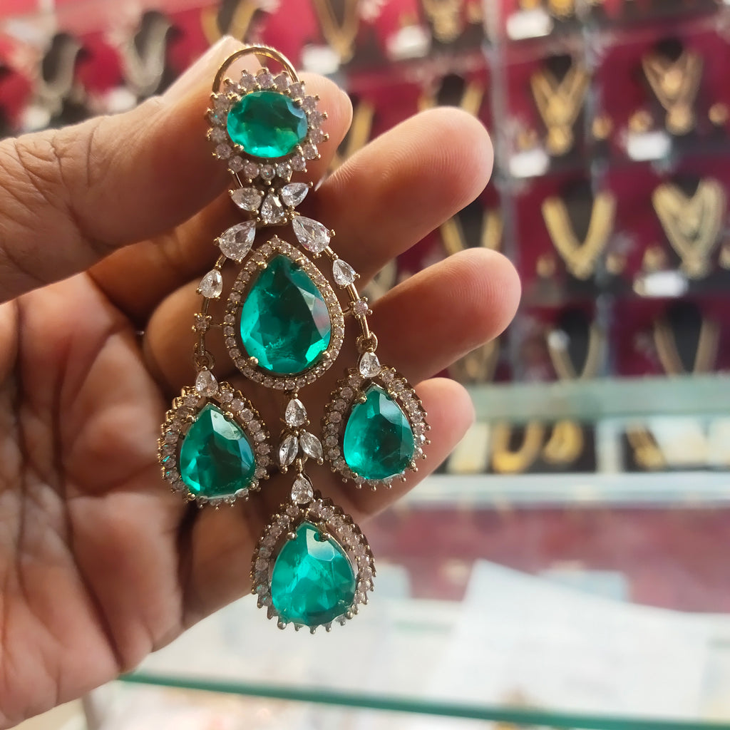 Emerald Green Zircon Chandelier Dangler Earrings - 24K Gold Plated