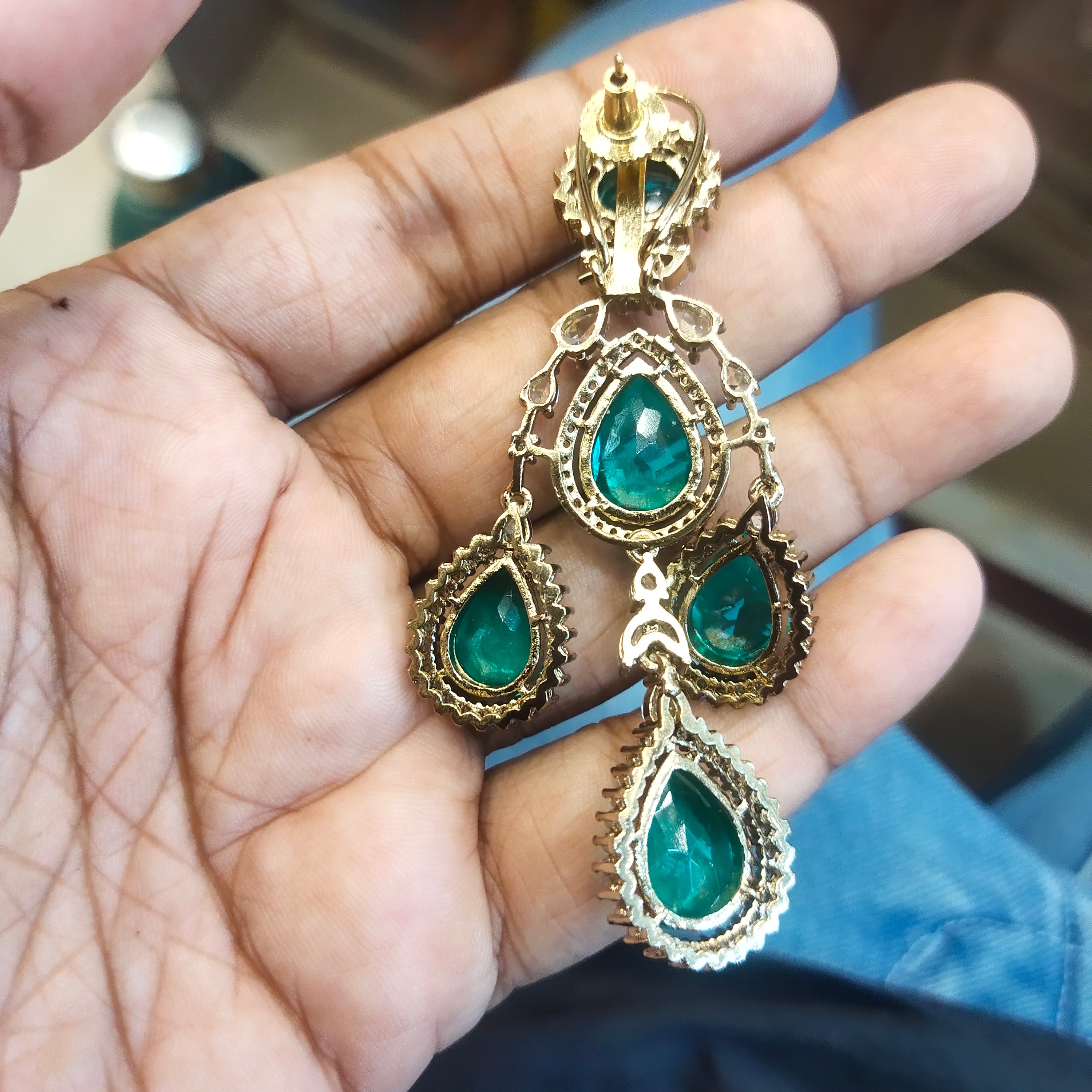 Emerald Green Zircon Chandelier Dangler Earrings - 24K Gold Plated