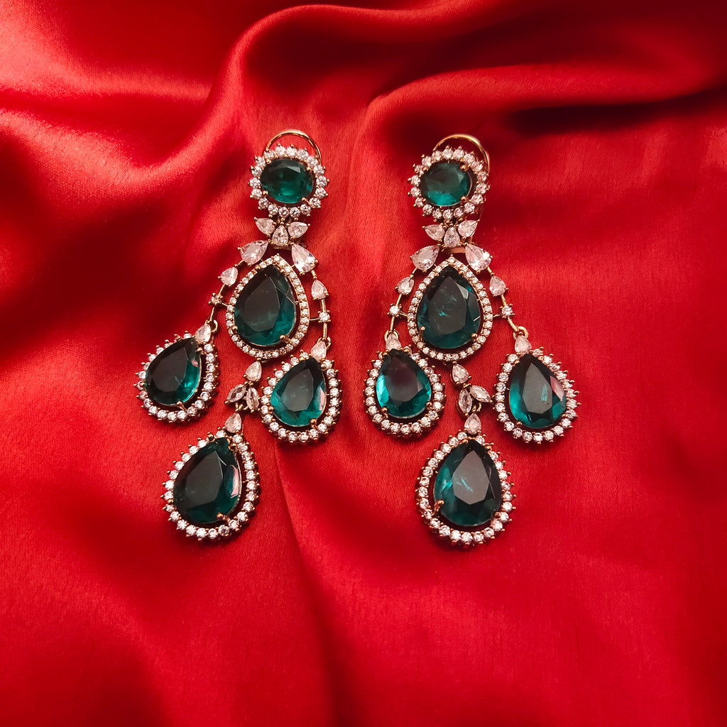 Emerald Green Zircon Chandelier Dangler Earrings - 24K Gold Plated