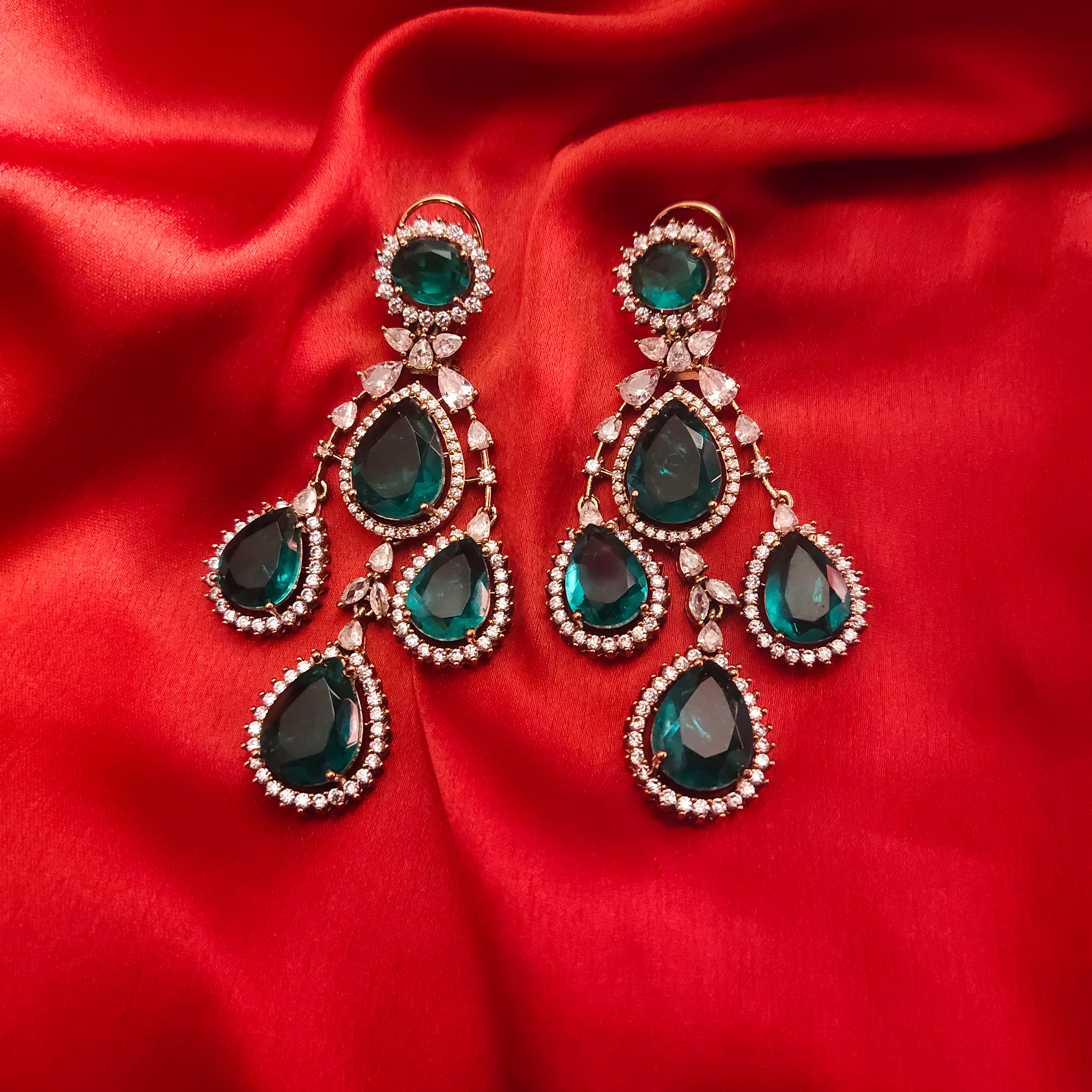Emerald Green Zircon Chandelier Dangler Earrings - 24K Gold Plated