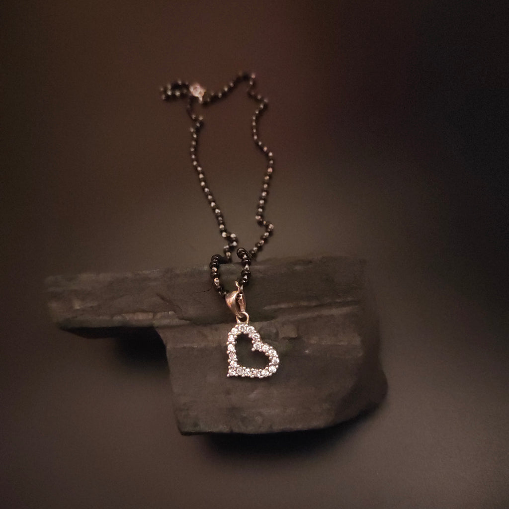 925 Sterling Silver Heart Pendant Mangalsutra with Black Beads - Romantic Design