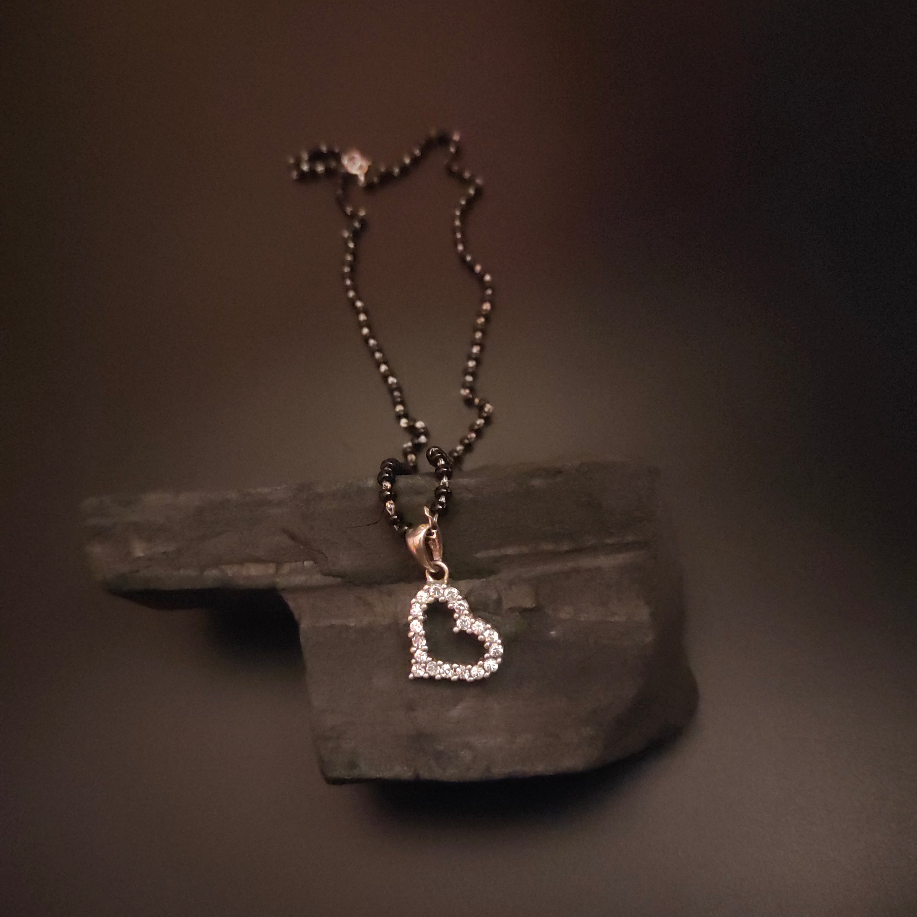 925 Sterling Silver Heart Pendant Mangalsutra with Black Beads - Romantic Design