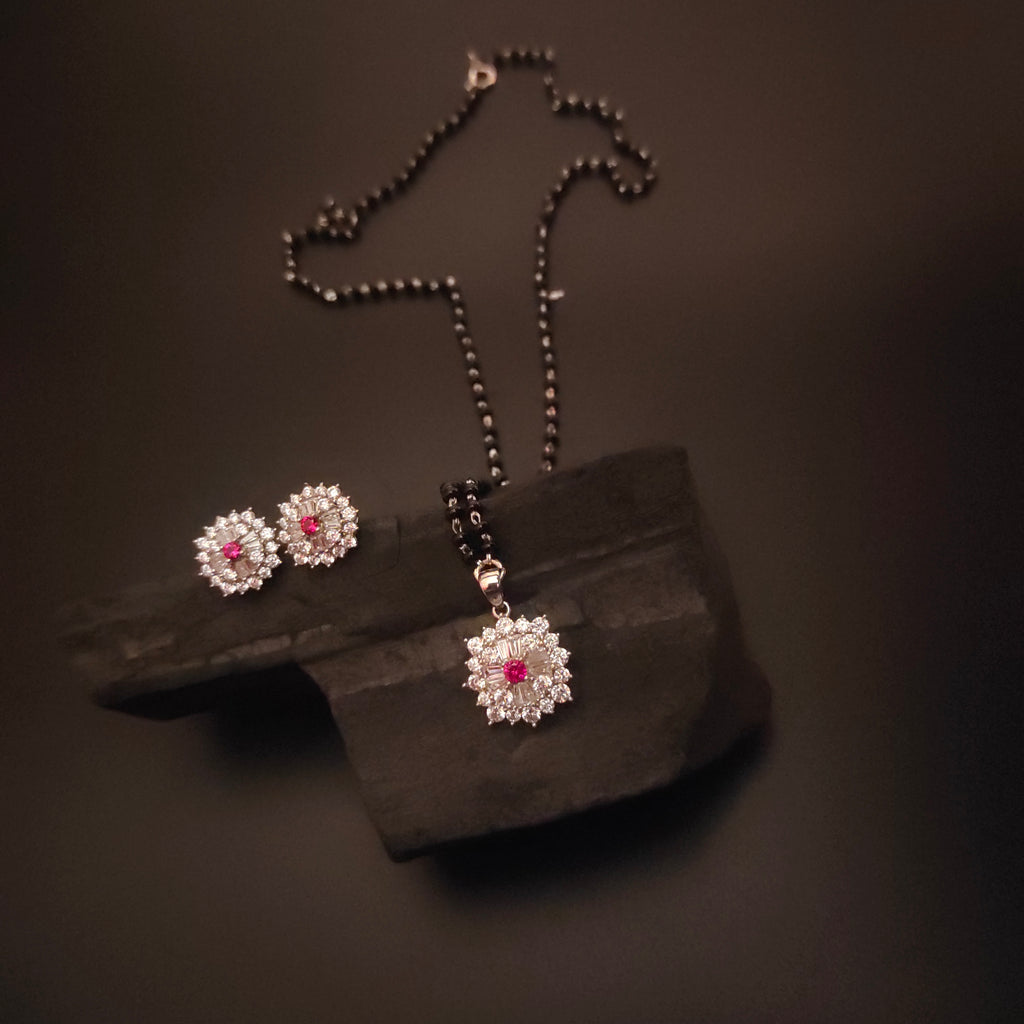 925 Sterling Silver Mangalsutra Pendant Set with Black Beads & Matching Earrings