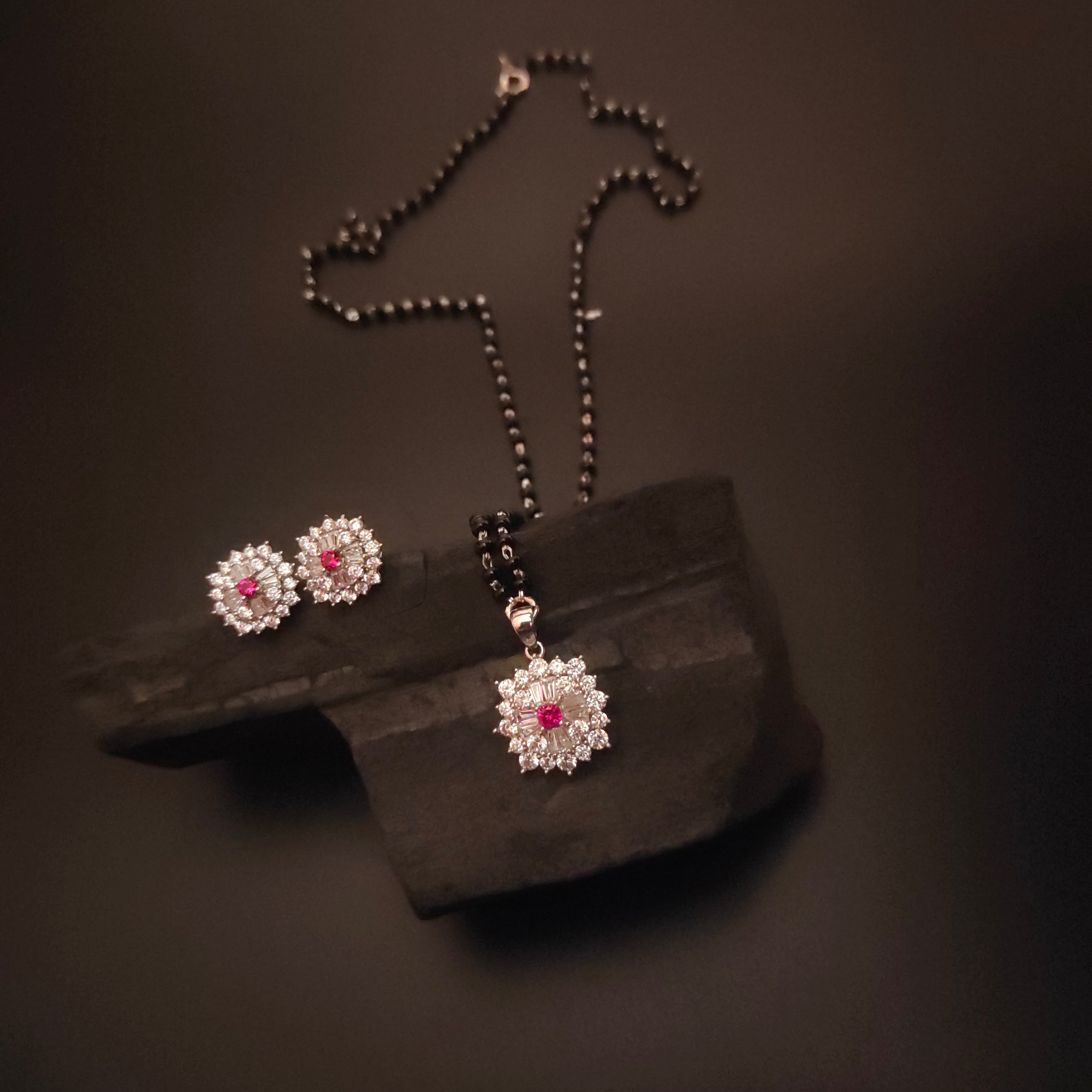 925 Sterling Silver Mangalsutra Pendant Set with Black Beads & Matching Earrings