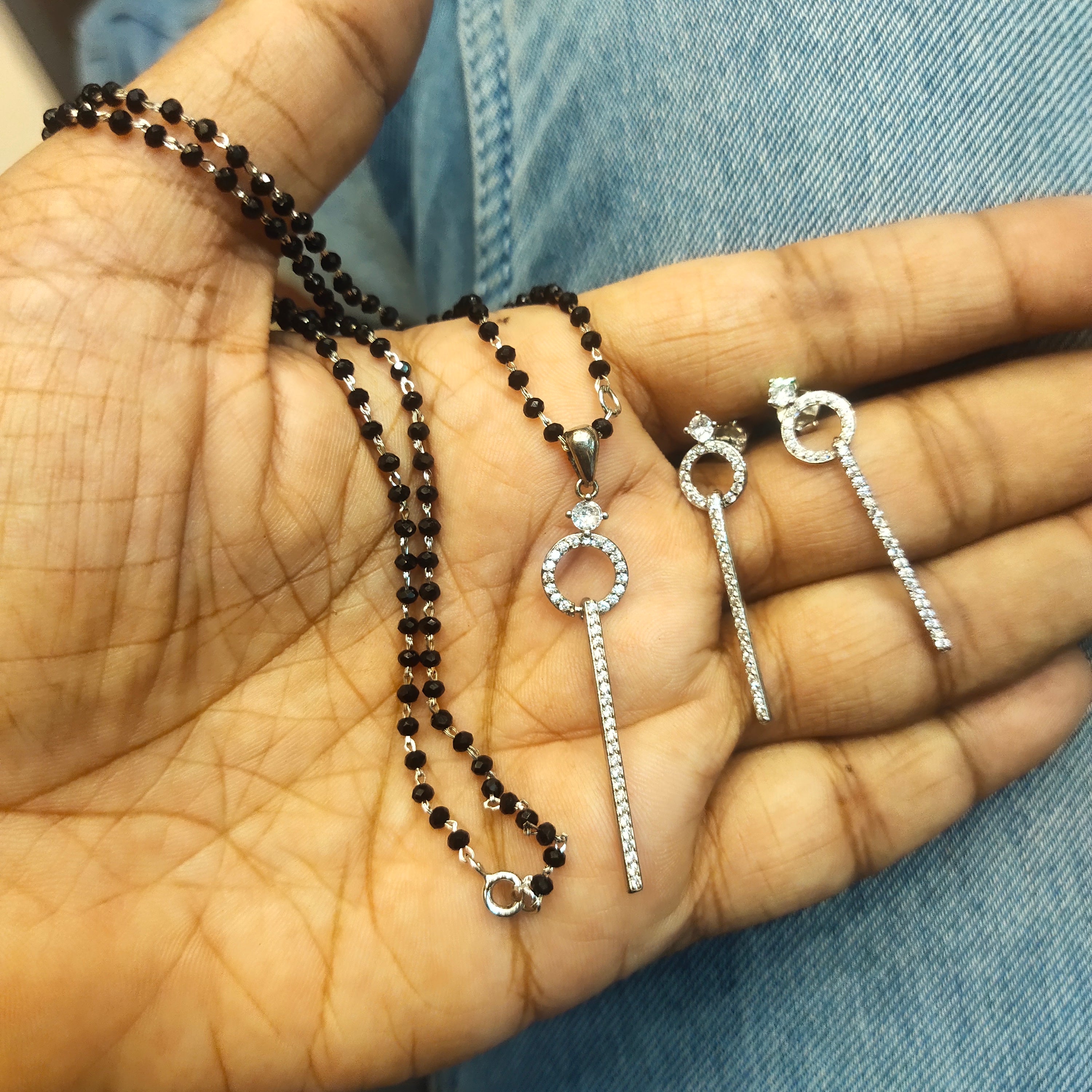 925 Sterling Silver Mangalsutra Pendant & Earrings Set - Black Beauty Collection