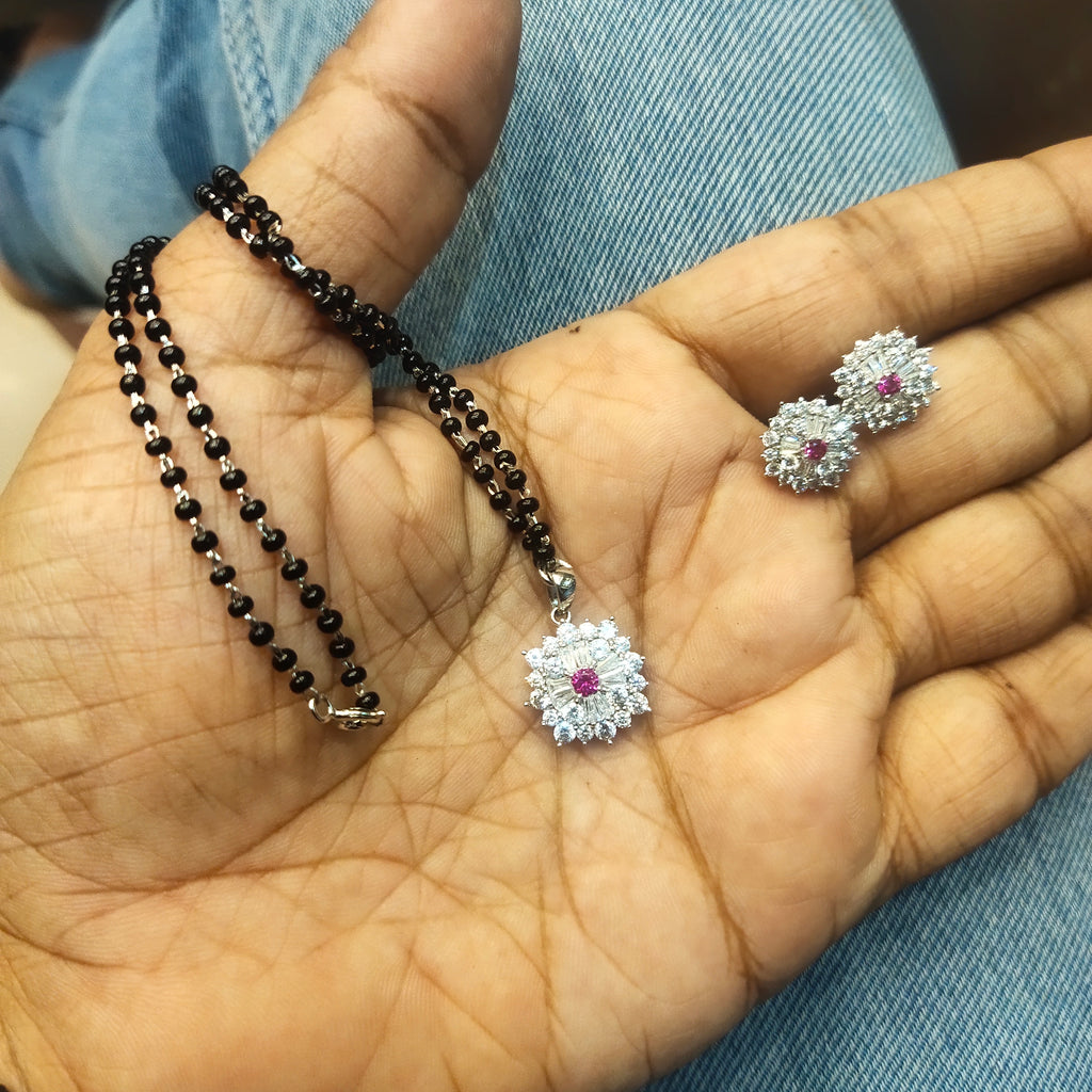 925 Sterling Silver Mangalsutra Pendant Set with Black Beads & Matching Earrings