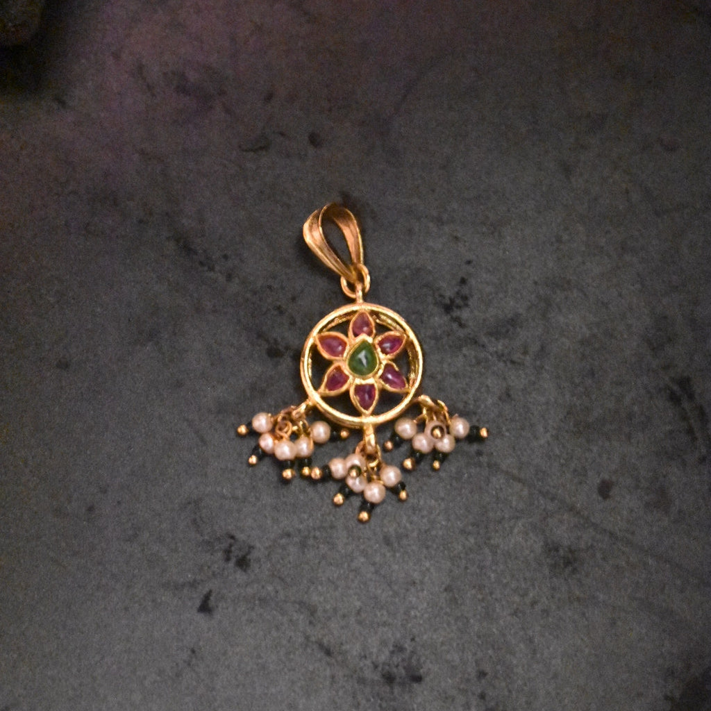 Kemp Stone Gold Pendant with Pearl Beads | 24K Gold Plated | Temple Jewellery