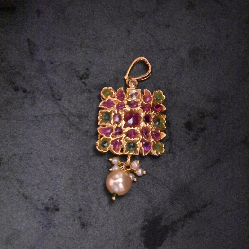 Kemp Stone Gold Pendant with Pearl Beads | 4.5cm | 24K Gold Plated | Temple Jewellery