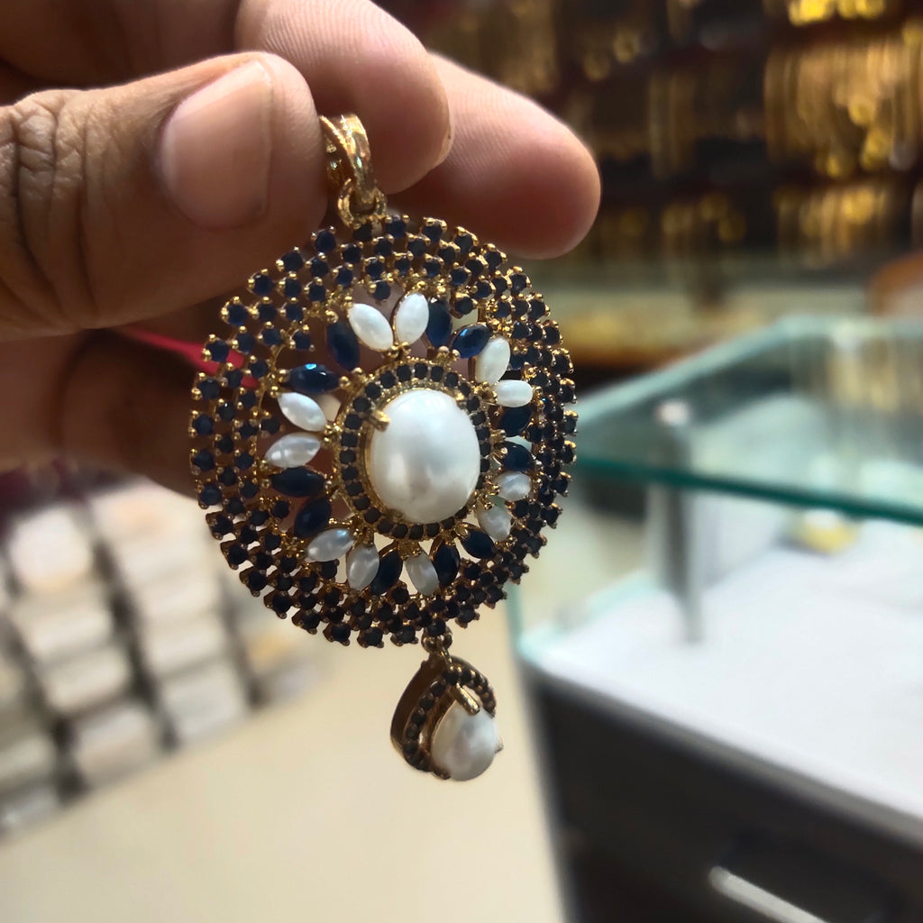 Blue CZ & Pearls Pendant Set - Captivating Design