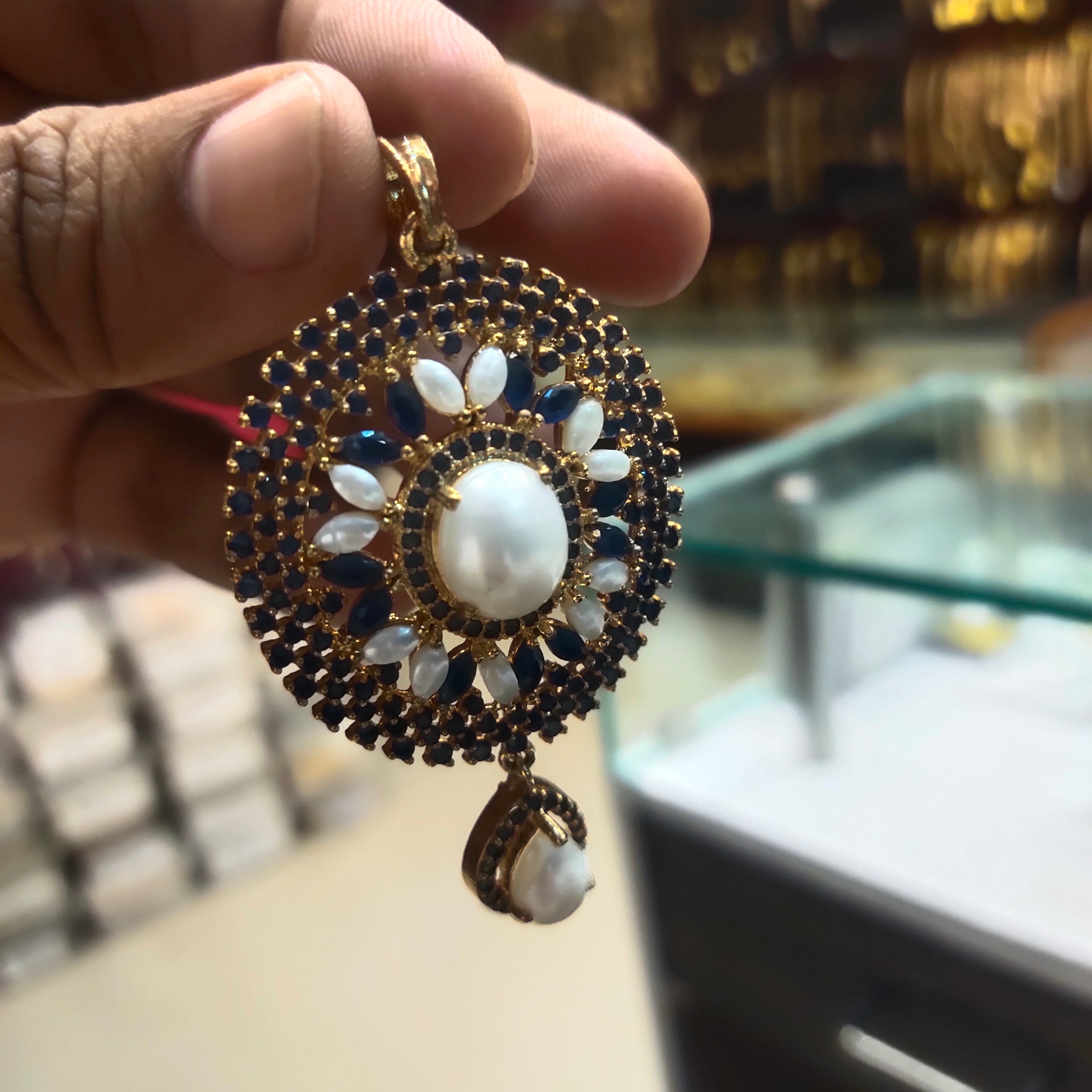 Blue CZ & Pearls Pendant Set - Captivating Design